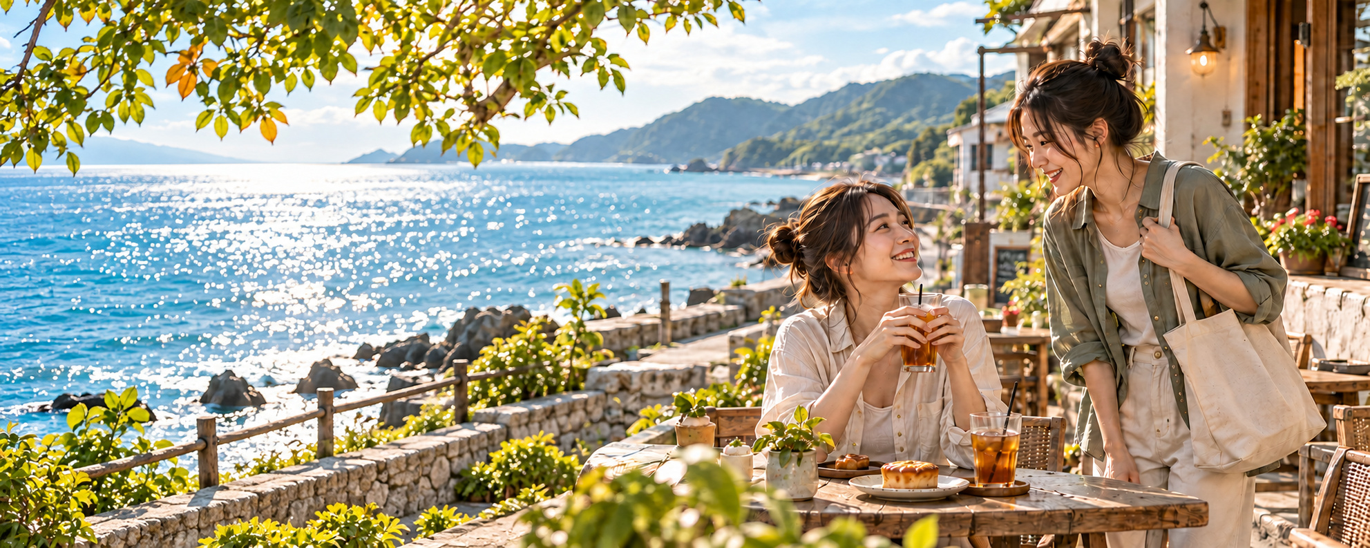 朋友在海邊小鎮享用茶點，輕鬆探索旅遊、美食與住宿